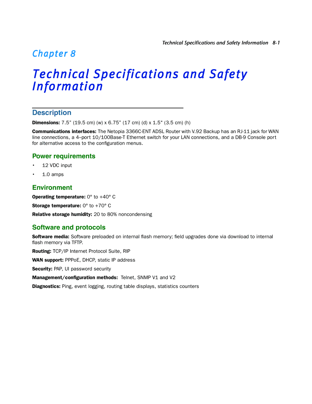 Netopia 3366C-ENT manual Technical Specifications and Safety Information, Description, Power requirements, Environment 