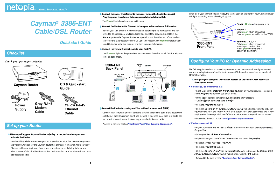 Netopia 3386-ENT quick start Checklist, Set up your Router, Conﬁgure Your PC for Dynamic Addressing 