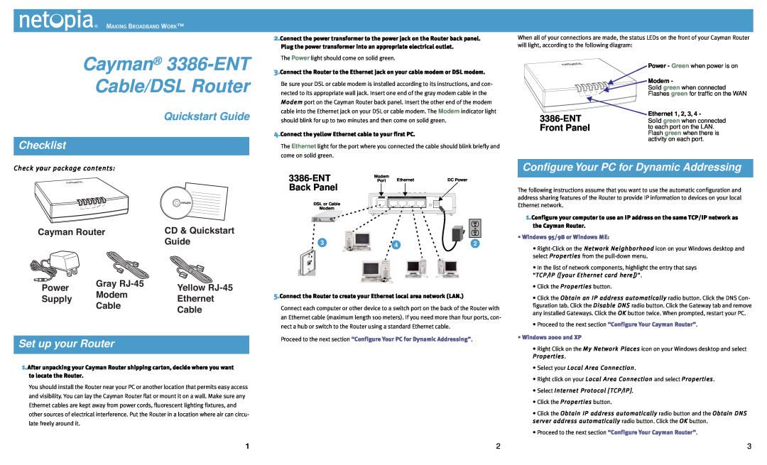 Netopia 3386-ENT quick start Checklist, Set up your Router, Conﬁgure Your PC for Dynamic Addressing, Quickstart Guide 