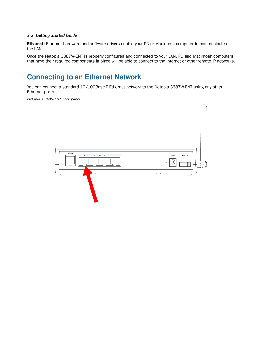 Netopia 3387W-ENT manual Connecting to an Ethernet Network 