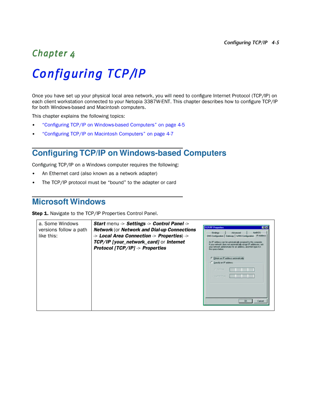 Netopia 3387W-ENT manual Configuring TCP/IP, Conﬁguring TCP/IP on Windows-based Computers, Microsoft Windows 