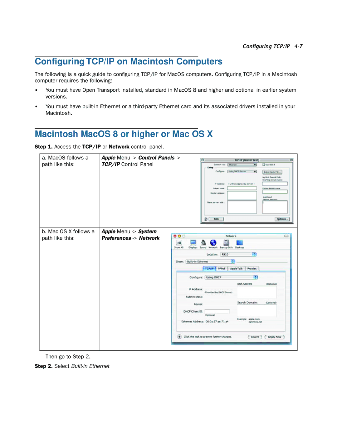 Netopia 3387W-ENT manual Conﬁguring TCP/IP on Macintosh Computers, Macintosh MacOS 8 or higher or Mac OS 