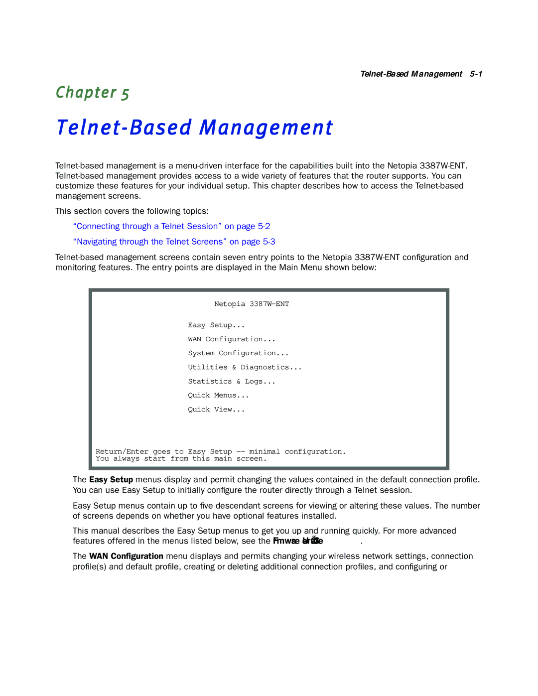 Netopia 3387W-ENT manual Telnet-Based Management 