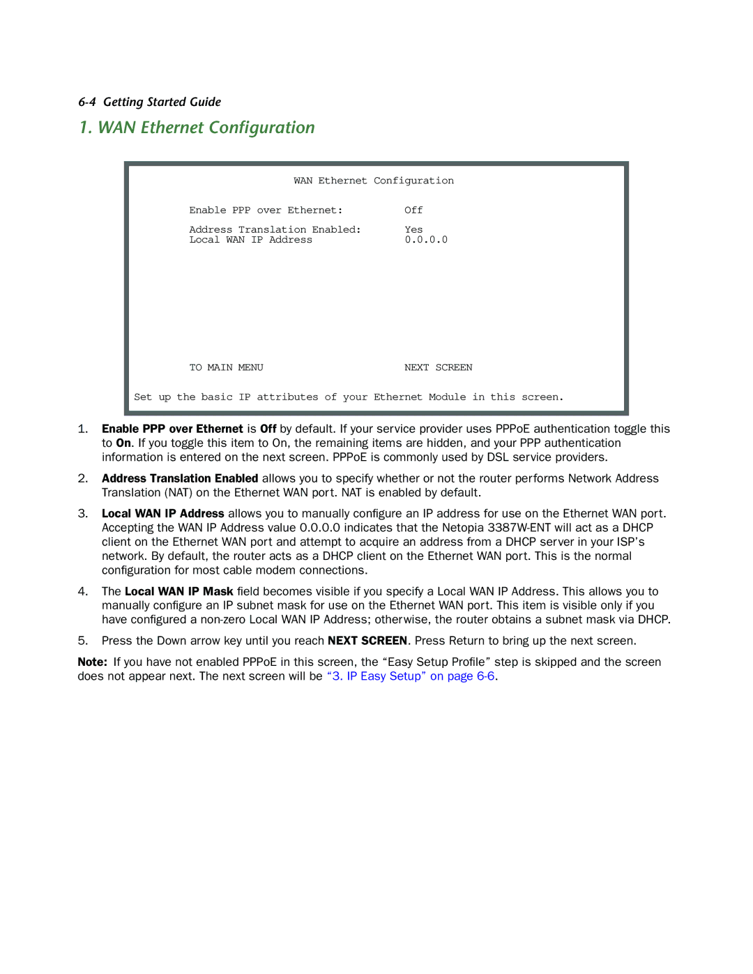 Netopia 3387W-ENT manual WAN Ethernet Conﬁguration 