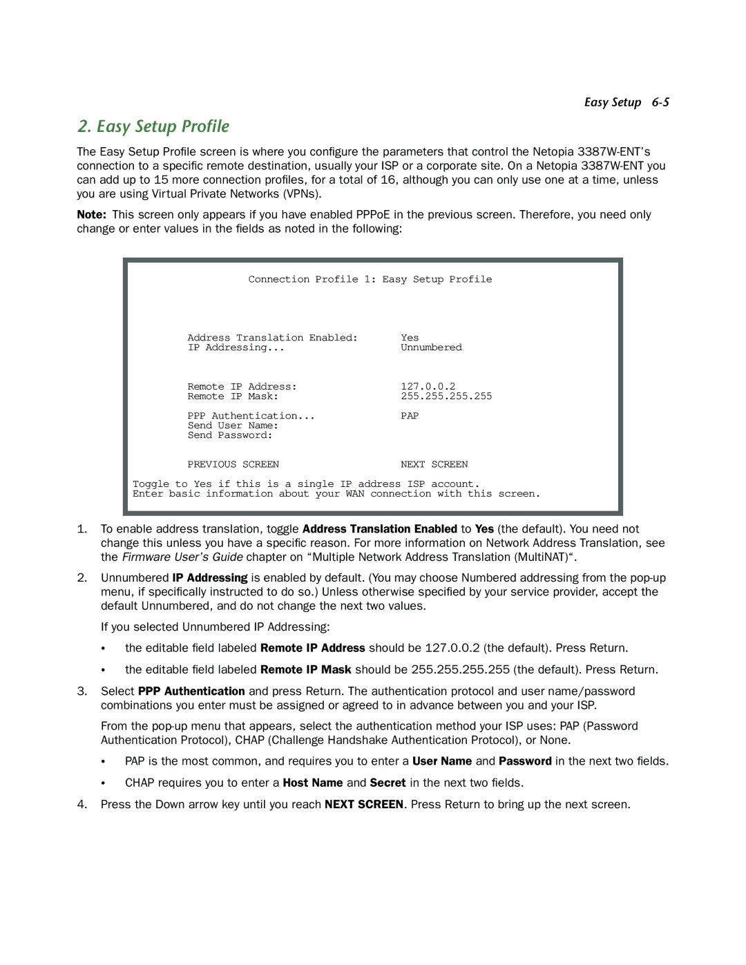 Netopia 3387W-ENT manual Easy Setup Proﬁle, Previous Screen Next Screen 