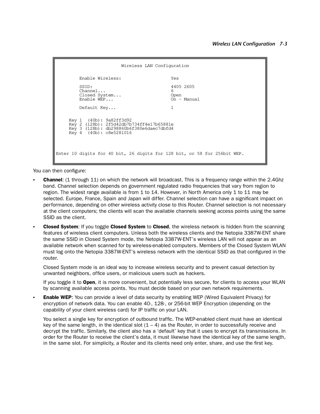 Netopia 3387W-ENT manual Wireless LAN Configuration 