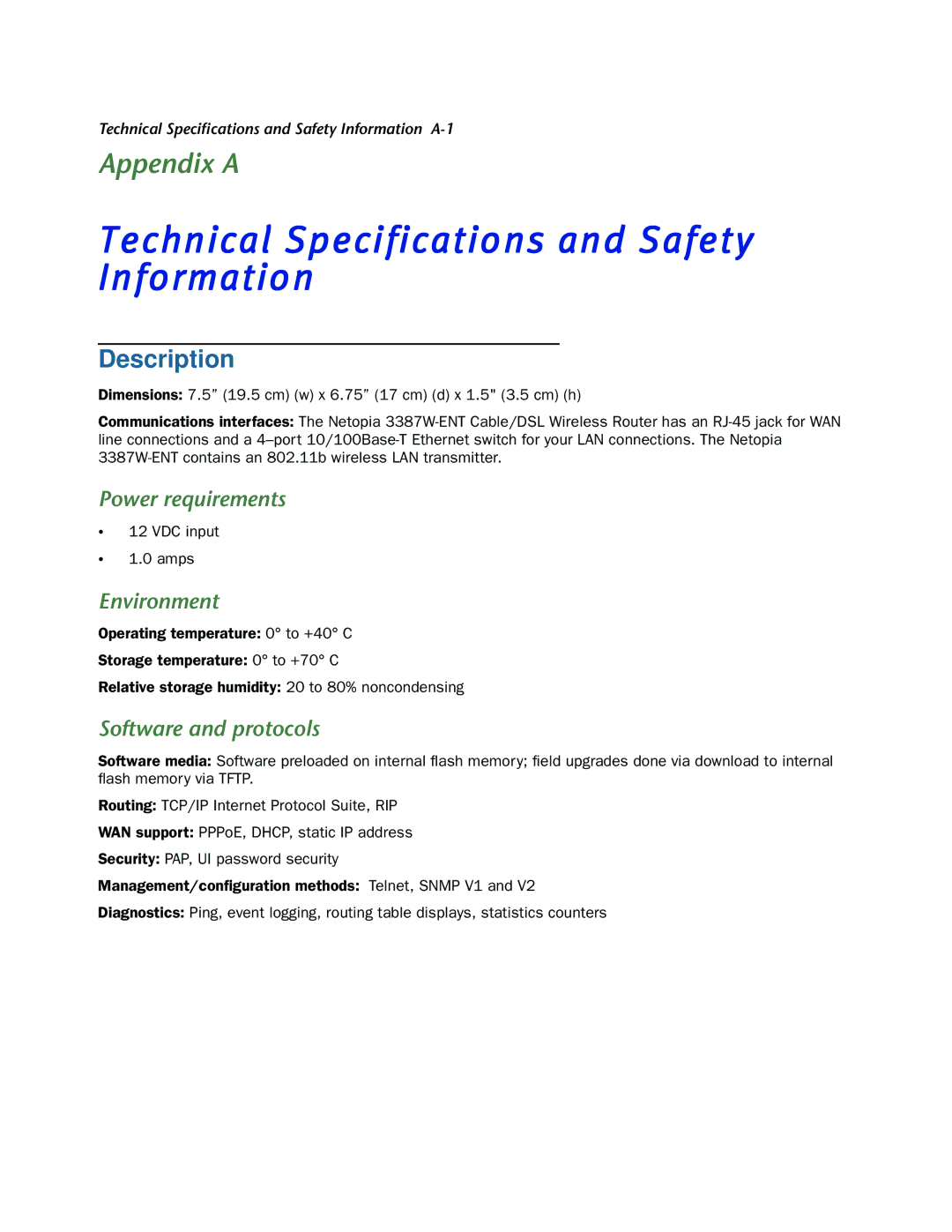 Netopia 3387W-ENT manual Technical Specifications and Safety Information, Description, Power requirements, Environment 