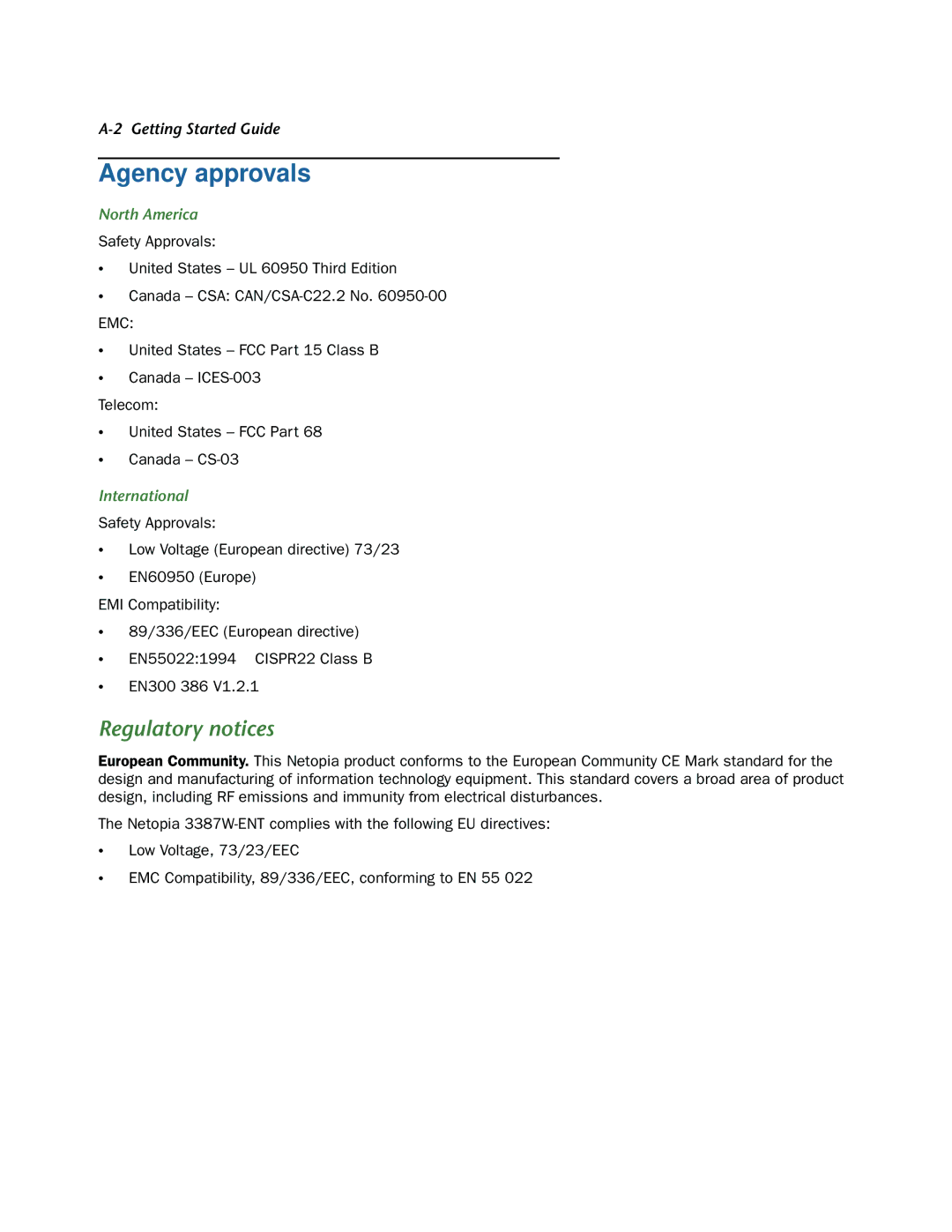 Netopia 3387W-ENT manual Agency approvals, Regulatory notices 