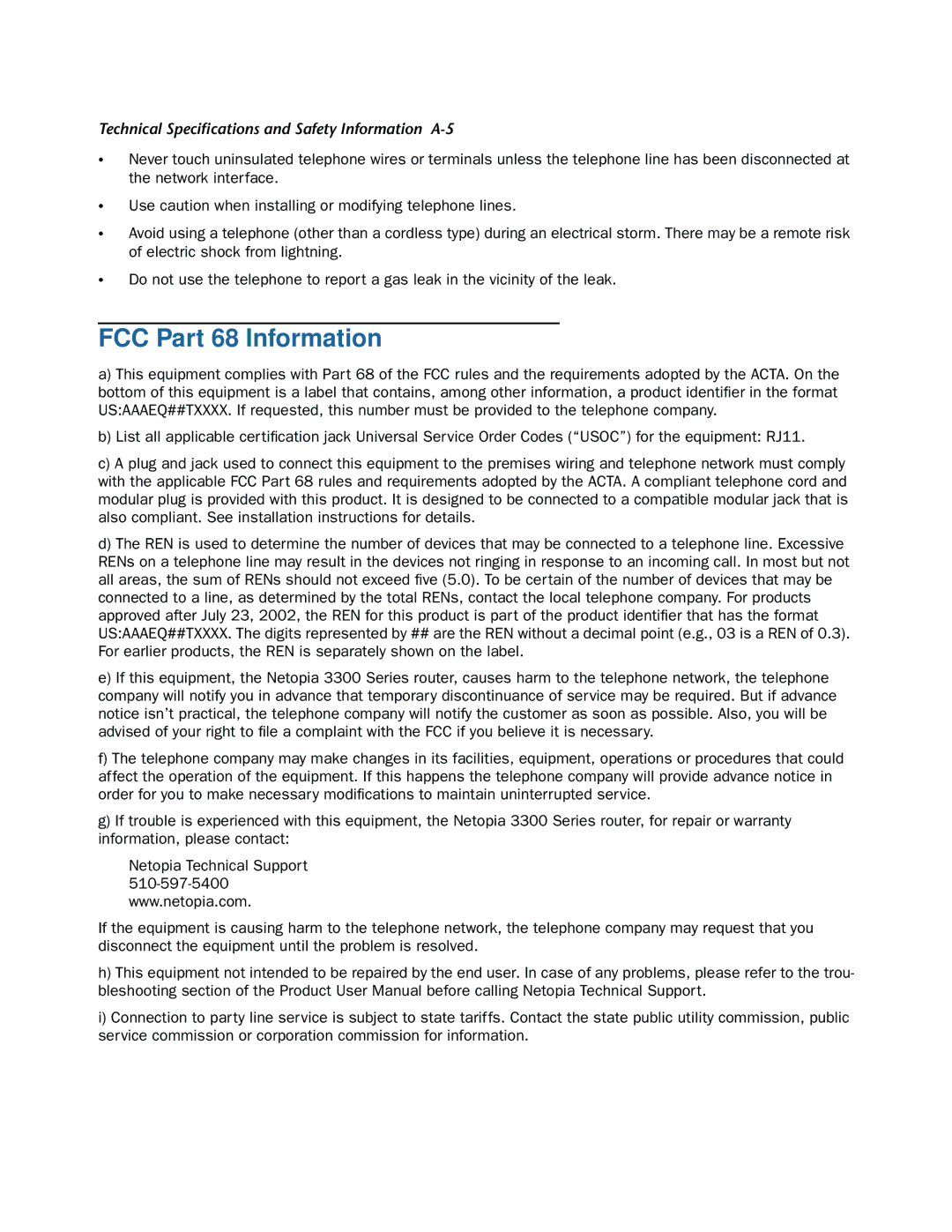 Netopia 3387W-ENT manual FCC Part 68 Information, Technical Speciﬁcations and Safety Information A-5 