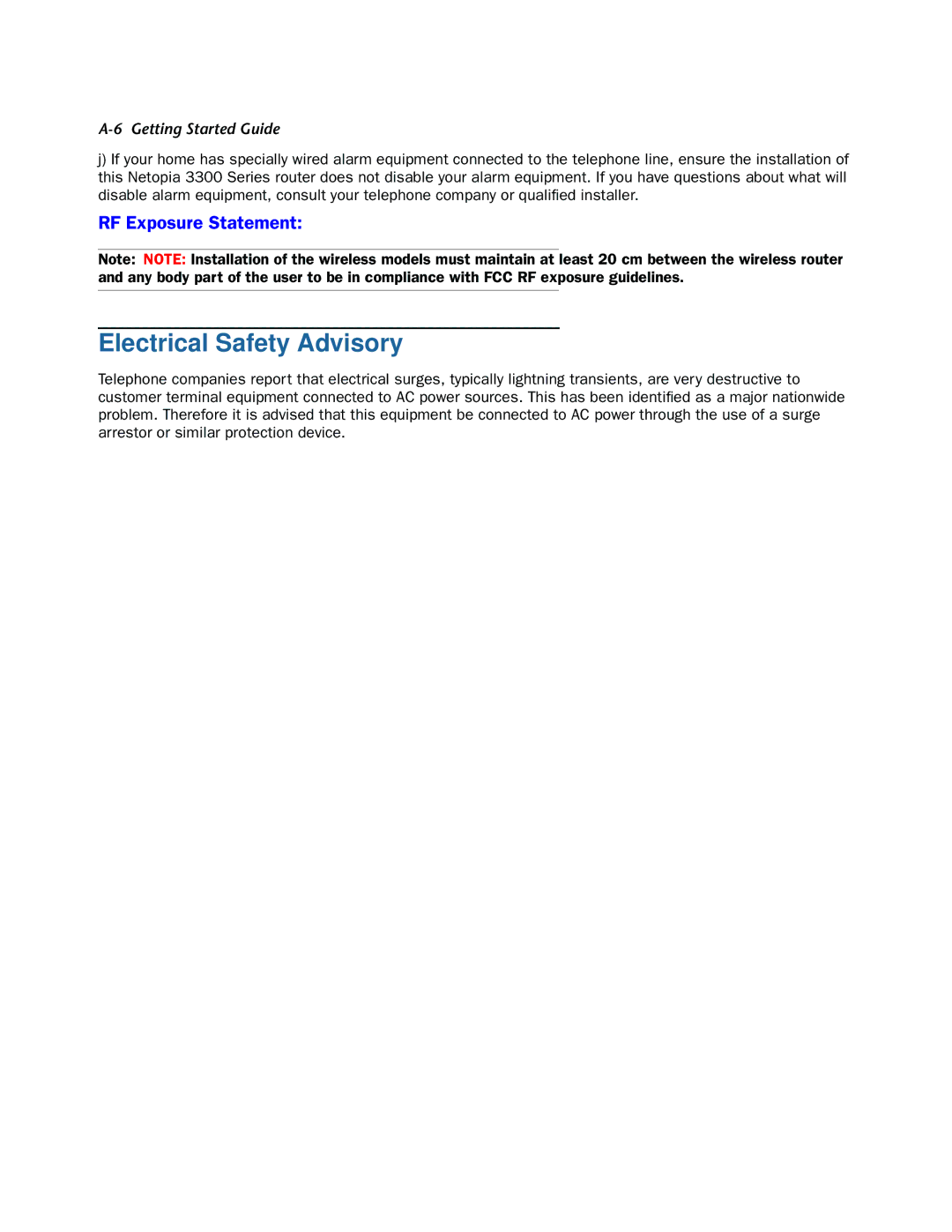 Netopia 3387W-ENT manual Electrical Safety Advisory 