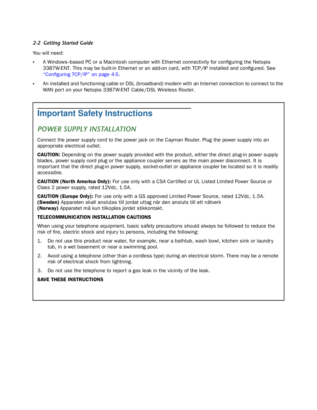 Netopia 3387W-ENT manual Important Safety Instructions, Power Supply Installation 