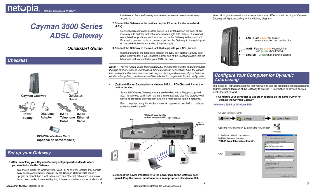 Netopia 3500 Series quick start Checklist, Set up your Gateway, Conﬁgure Your Computer for Dynamic Addressing 