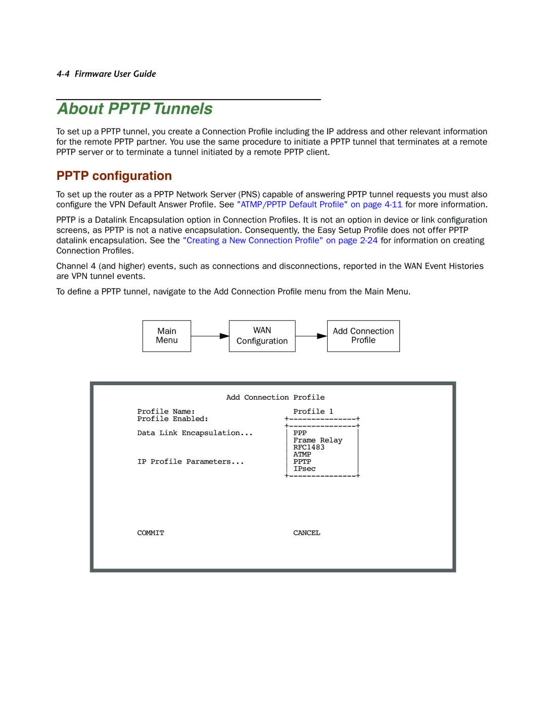 Netopia 4000-Series manual About Pptp Tunnels, Pptp conﬁguration, Configuration Add Connection Profile 