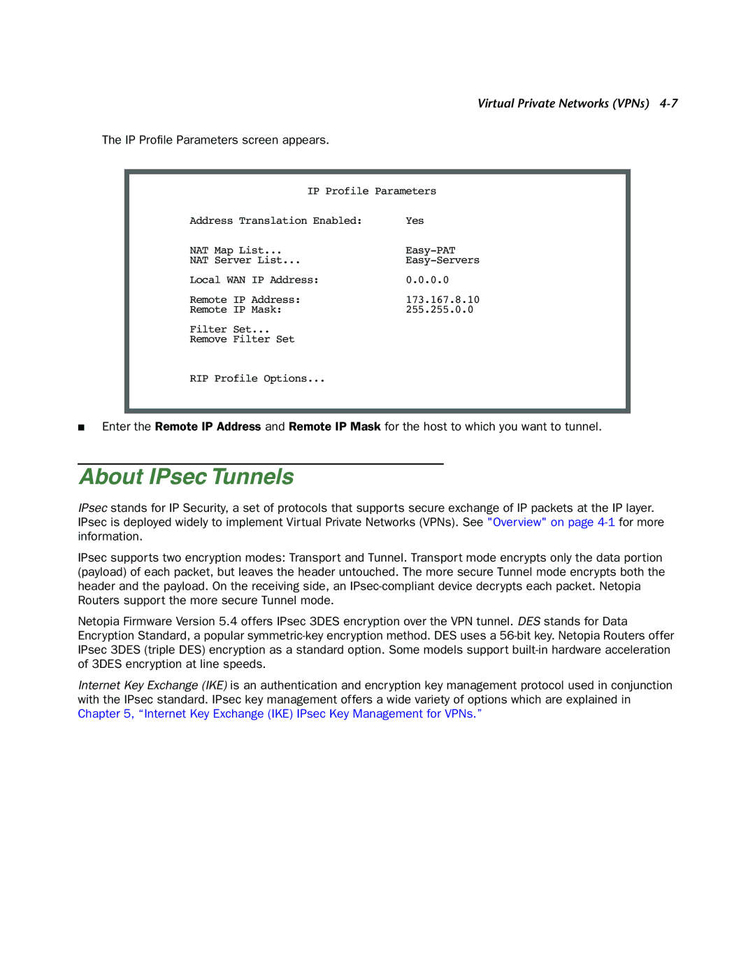 Netopia 4000-Series manual About IPsec Tunnels, IP Proﬁle Parameters screen appears 