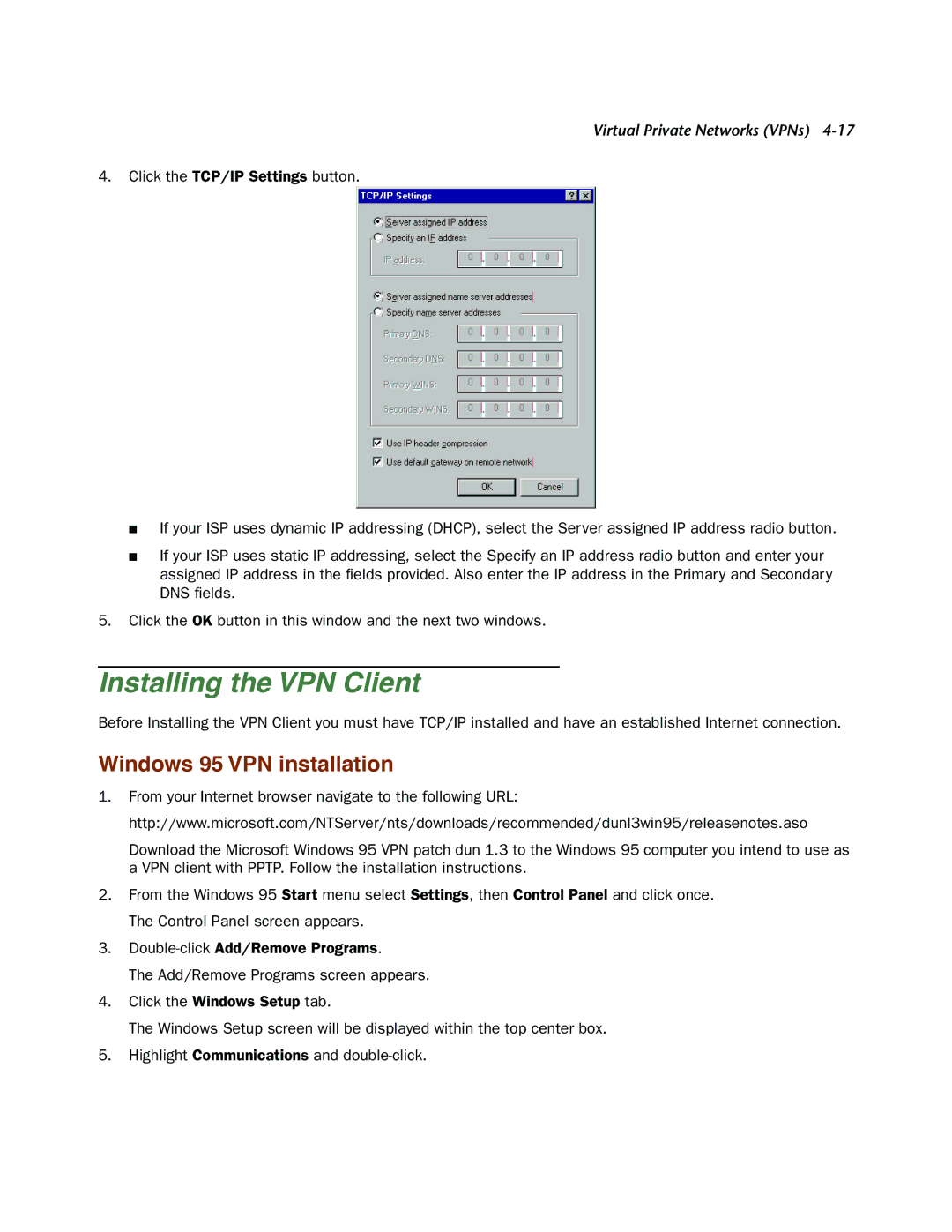 Netopia 4000-Series manual Installing the VPN Client, Windows 95 VPN installation 