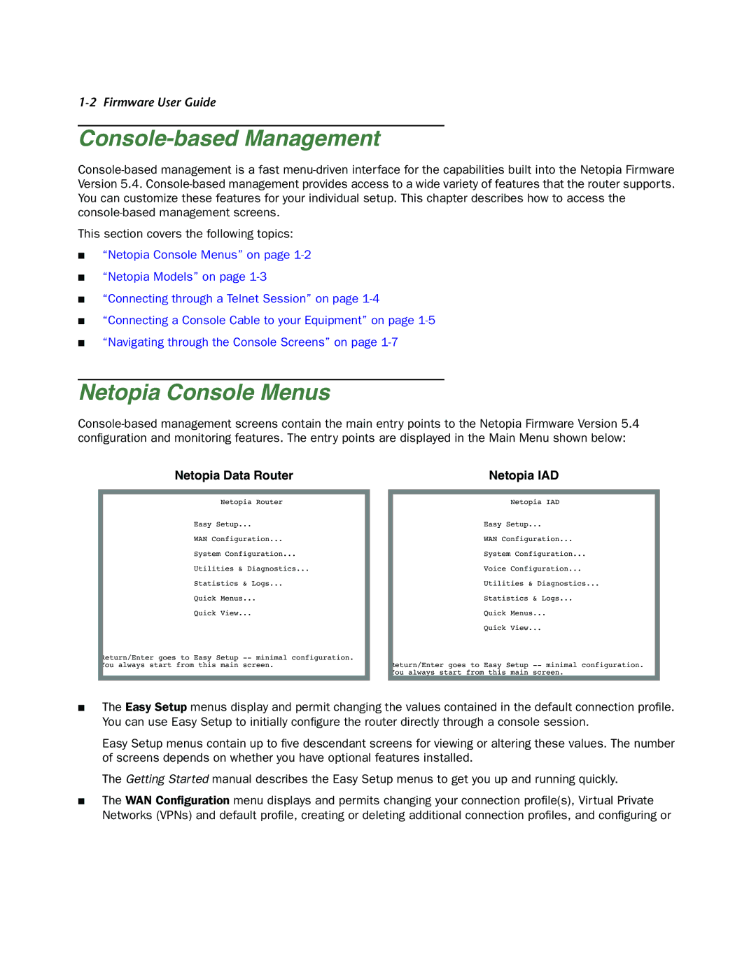 Netopia 4000-Series manual Console-based Management, Netopia Console Menus 