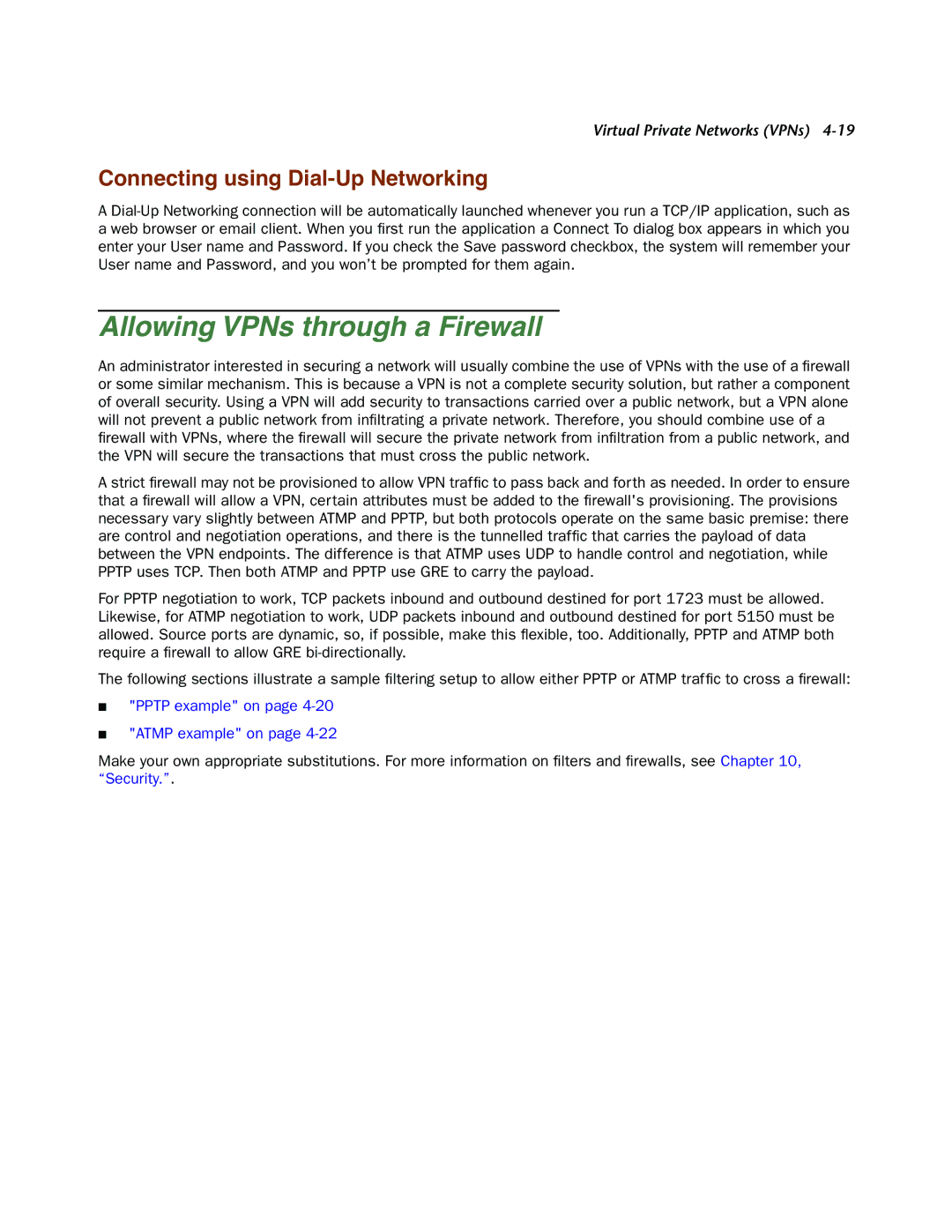 Netopia 4000-Series manual Allowing VPNs through a Firewall, Connecting using Dial-Up Networking 