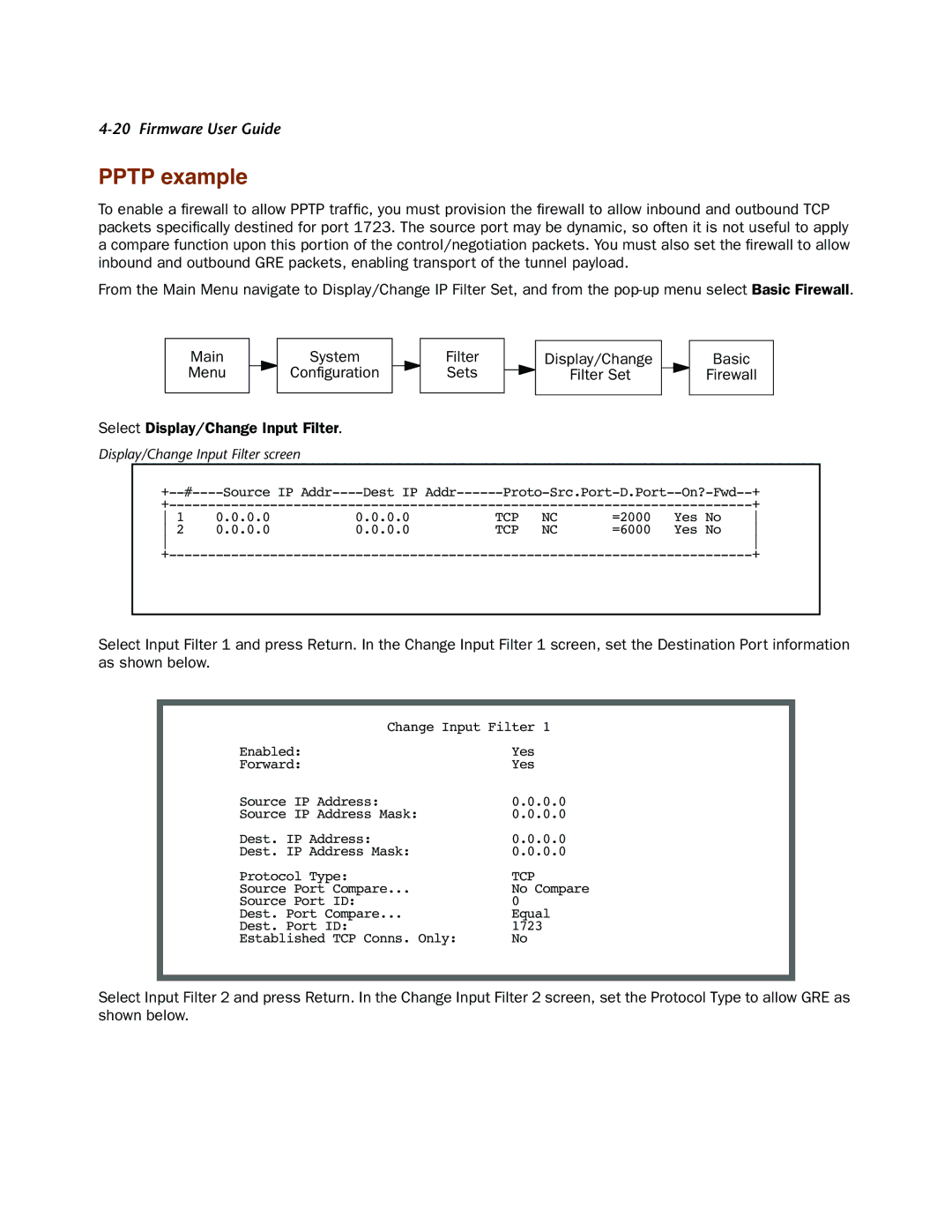 Netopia 4000-Series manual Pptp example, Filter Sets Display/Change Basic Firewall 