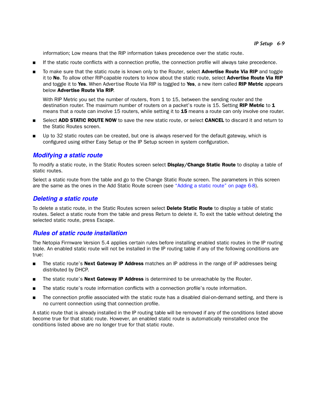 Netopia 4000-Series manual Modifying a static route, Deleting a static route, Rules of static route installation 