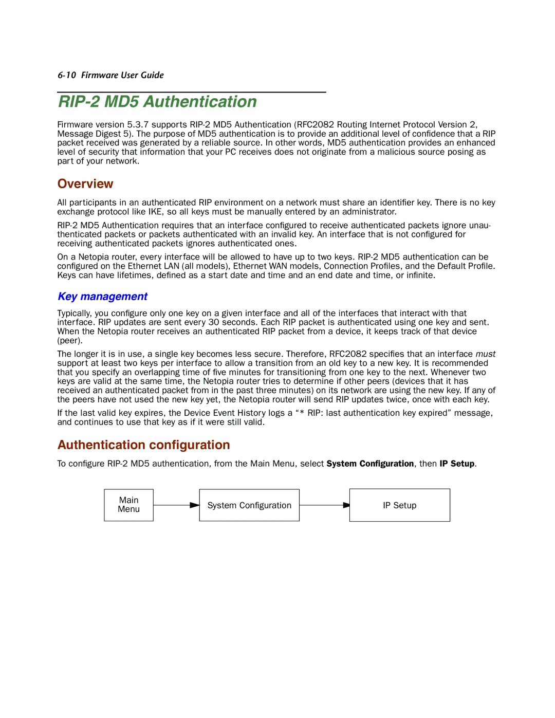 Netopia 4000-Series manual RIP-2 MD5 Authentication, Overview, Authentication conﬁguration, Key management 