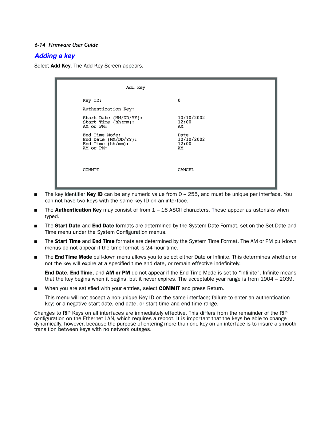 Netopia 4000-Series manual Firmware User Guide Adding a key, Select Add Key. The Add Key Screen appears 