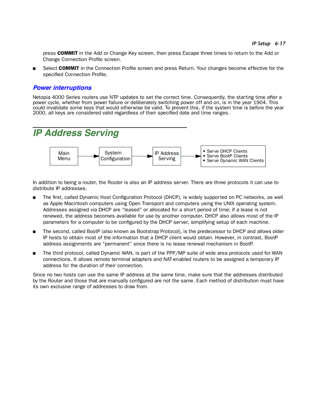 Netopia 4000-Series manual Power interruptions, Main System Menu Configuration IP Address Serving 