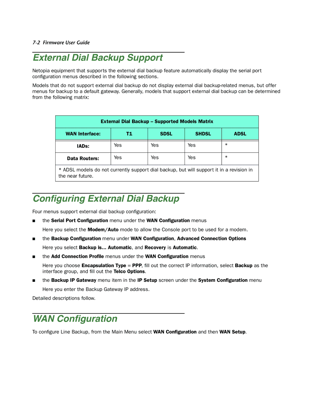 Netopia 4000-Series manual External Dial Backup Support, Conﬁguring External Dial Backup 