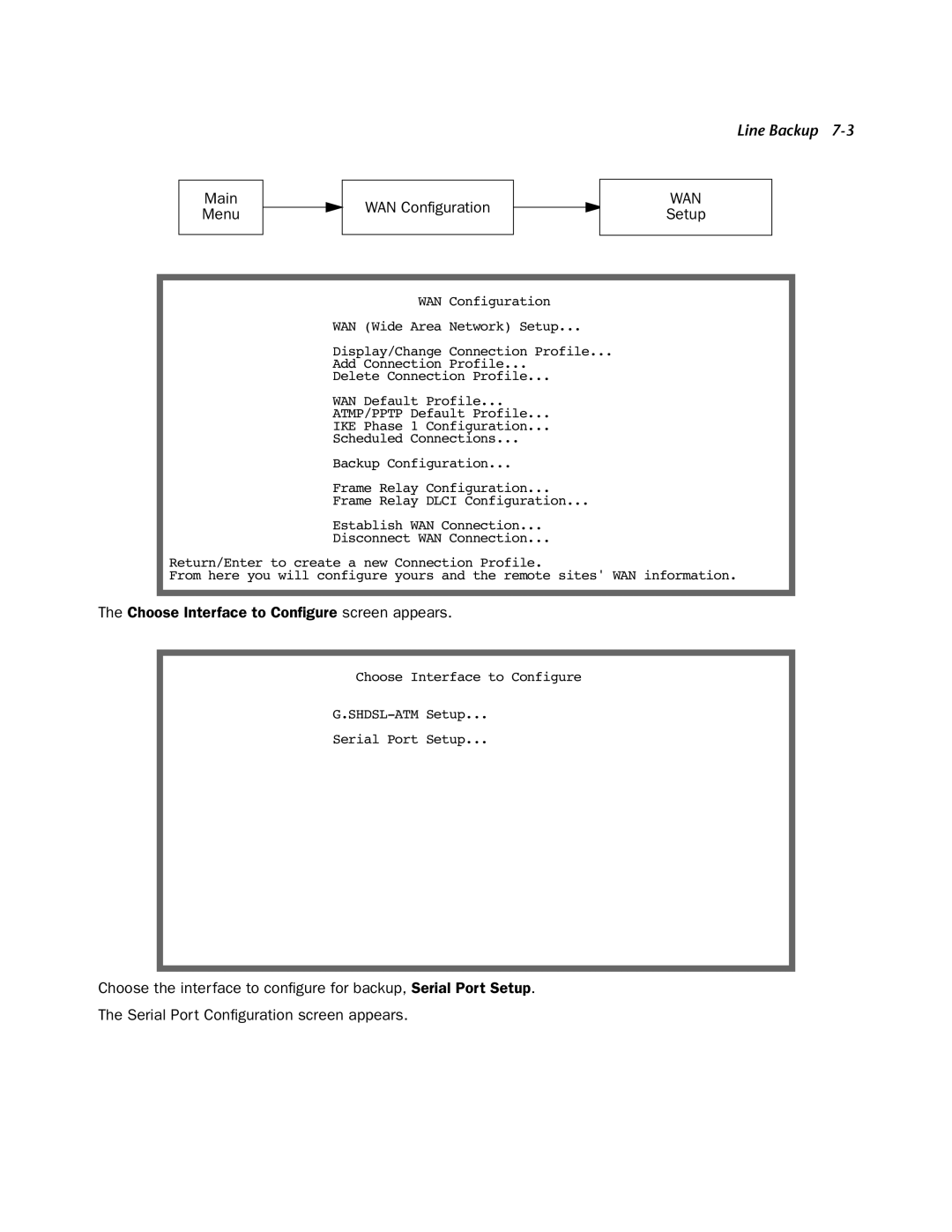 Netopia 4000-Series manual Main Menu WAN Configuration, Choose Interface to Conﬁgure screen appears 