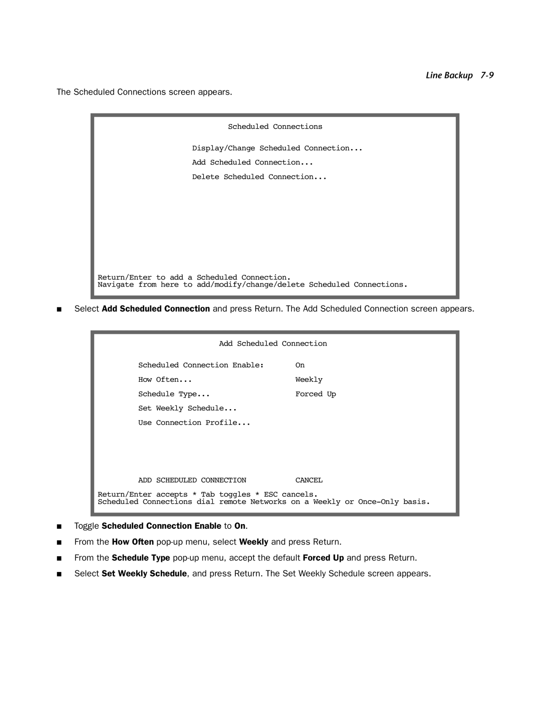 Netopia 4000-Series manual Scheduled Connections screen appears, ADD Scheduled Connection 