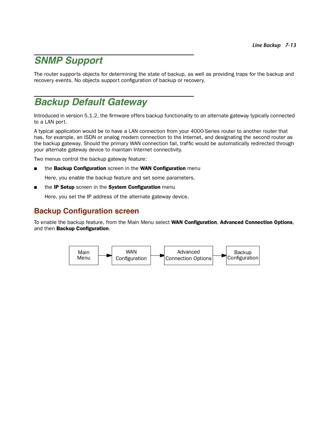 Netopia 4000-Series manual Snmp Support, Backup Default Gateway, Configuration Advanced Connection Options Backup 