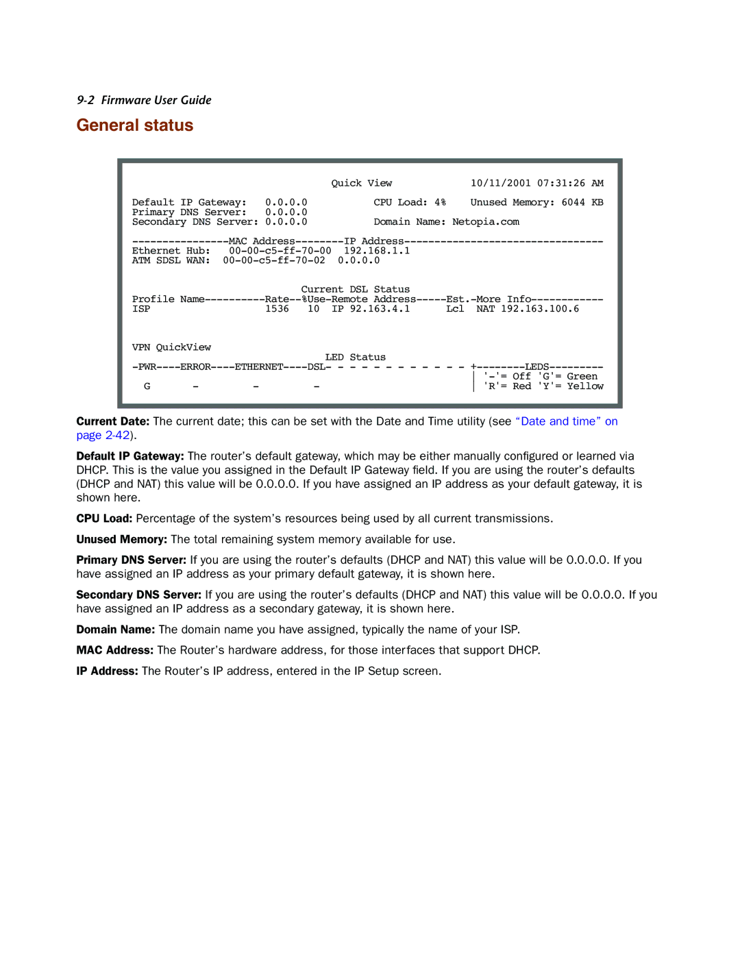 Netopia 4000-Series manual General status, ATM Sdsl WAN 