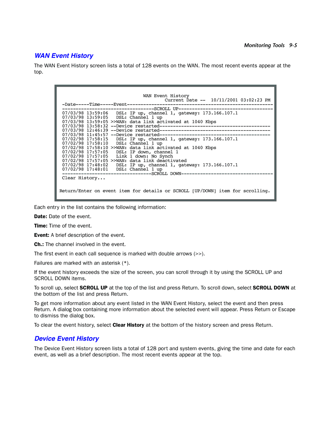 Netopia 4000-Series manual WAN Event History, Device Event History 