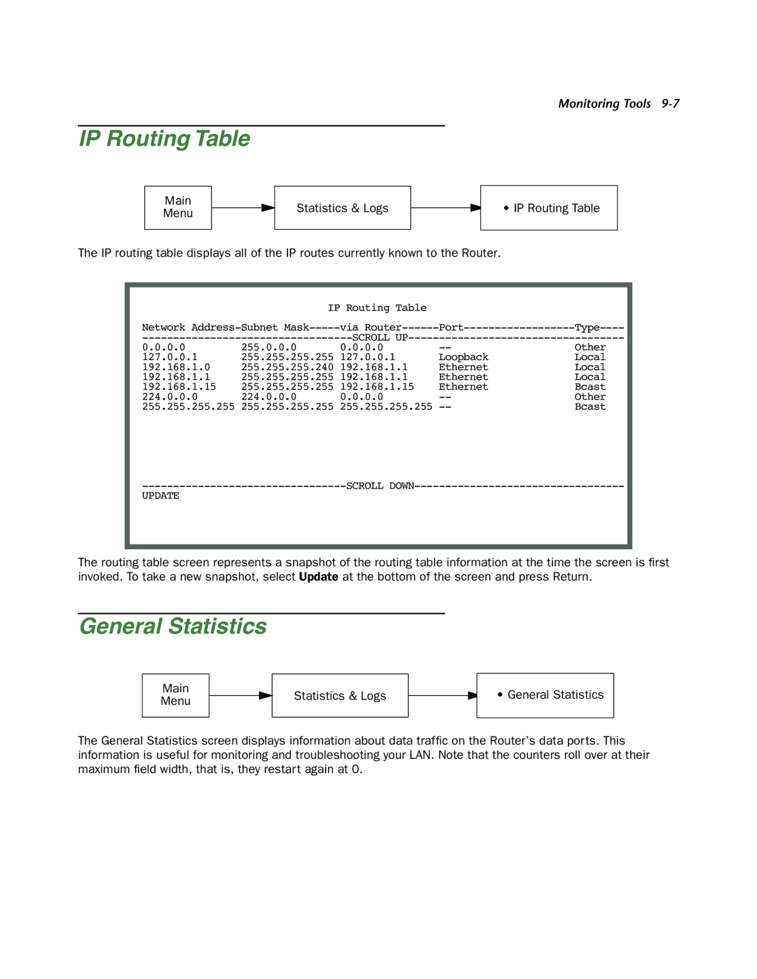 Netopia 4000-Series manual IP Routing Table, General Statistics, Main Menu Statistics & Logs 