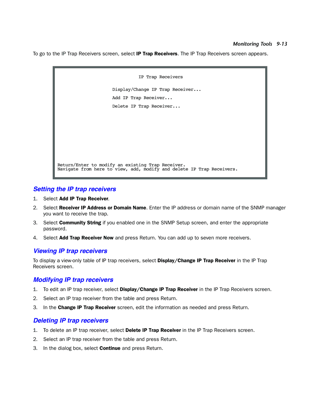 Netopia 4000-Series manual Setting the IP trap receivers, Viewing IP trap receivers, Modifying IP trap receivers 