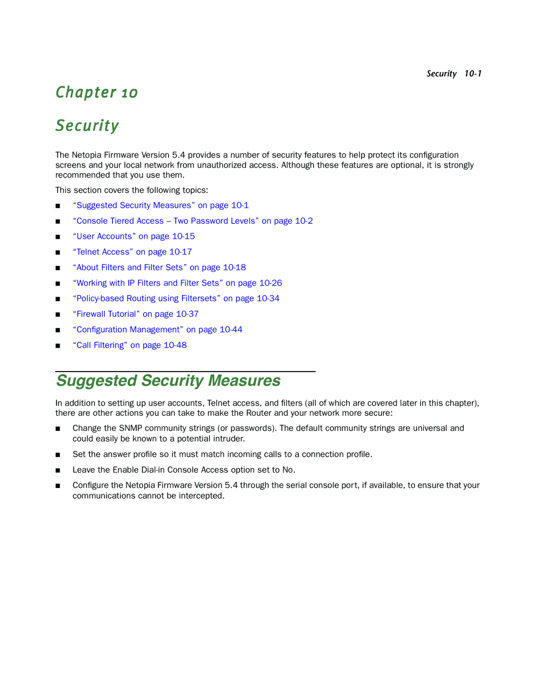 Netopia 4000-Series manual Chapter Security, Suggested Security Measures 