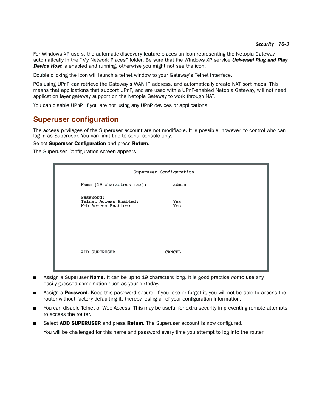 Netopia 4000-Series manual Superuser conﬁguration 