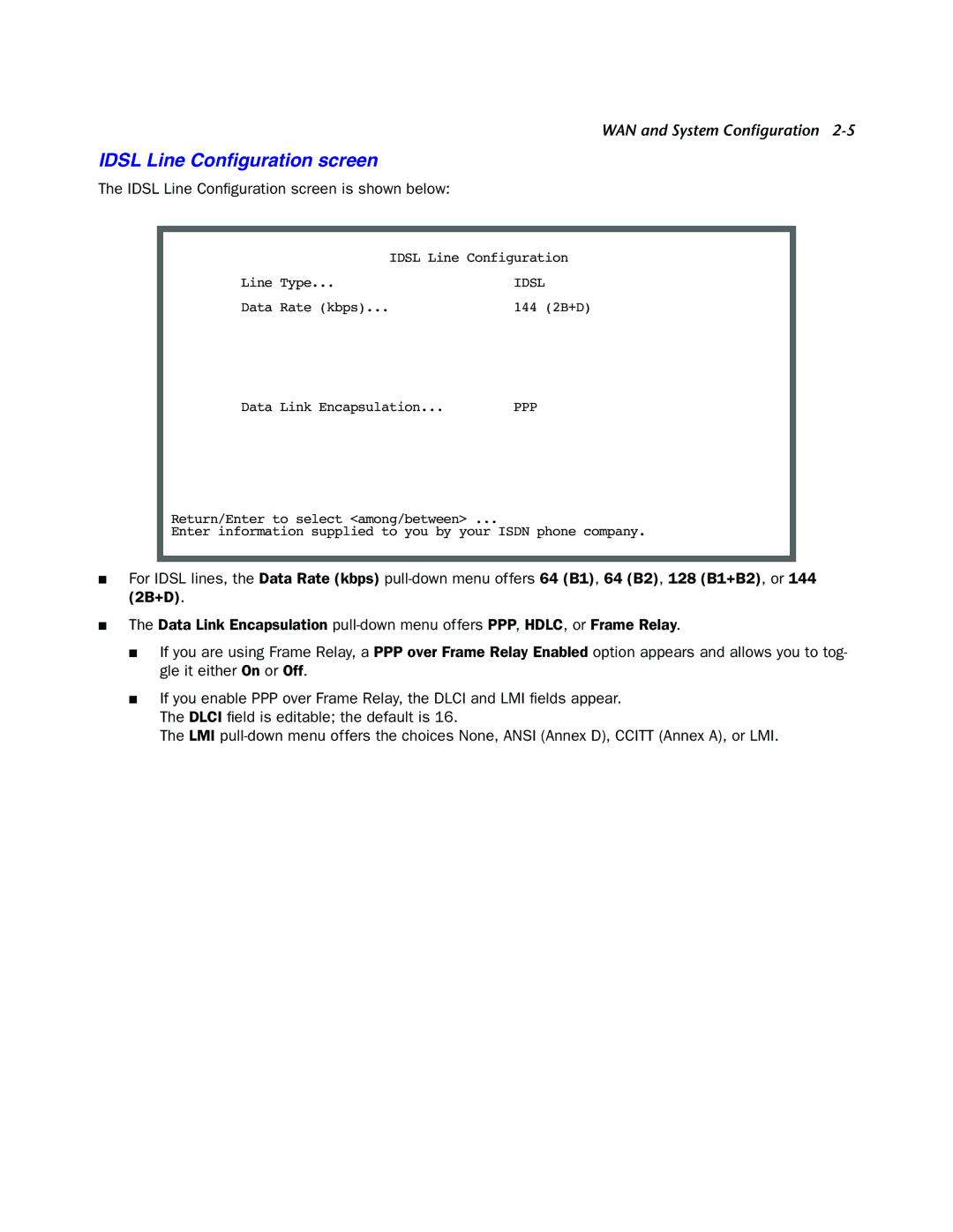 Netopia 4000-Series manual Idsl Line Conﬁguration screen is shown below 