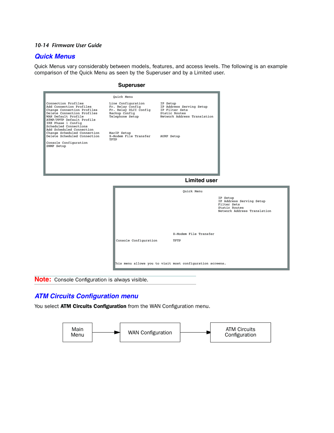 Netopia 4000-Series manual Quick Menus, ATM Circuits Conﬁguration menu 