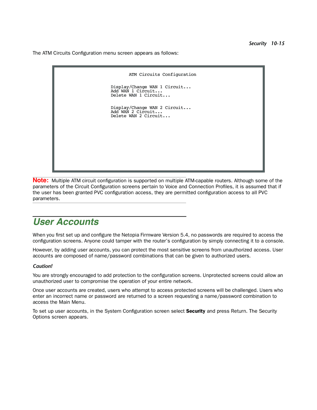 Netopia 4000-Series manual User Accounts, ATM Circuits Conﬁguration menu screen appears as follows 