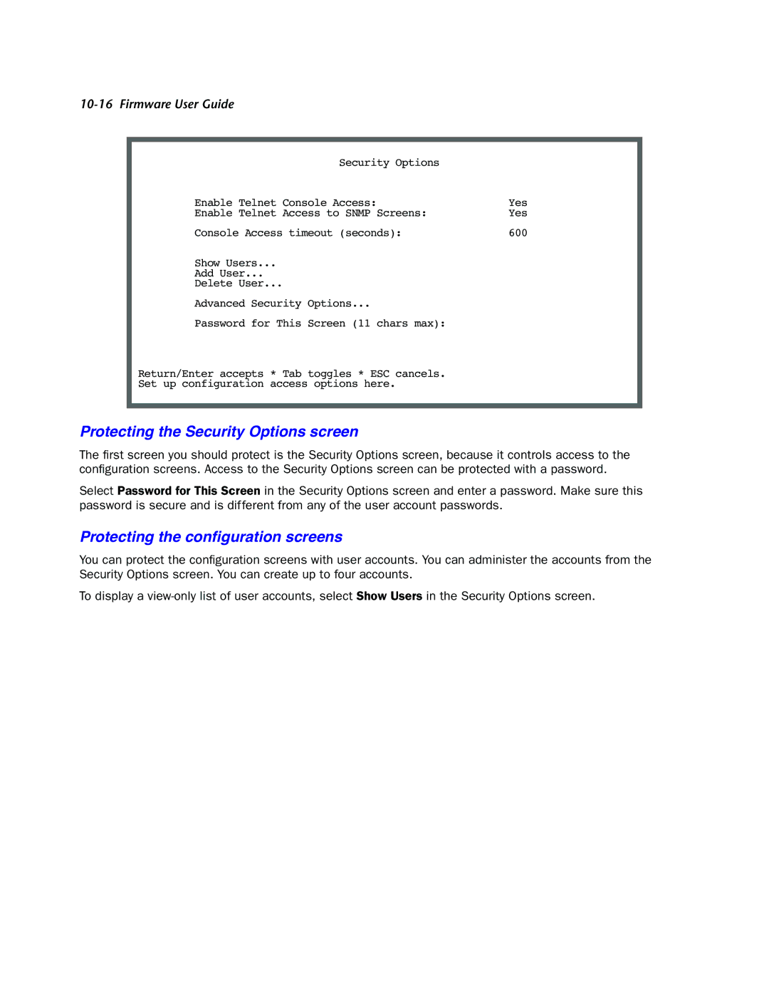 Netopia 4000-Series manual Protecting the Security Options screen, Protecting the conﬁguration screens 