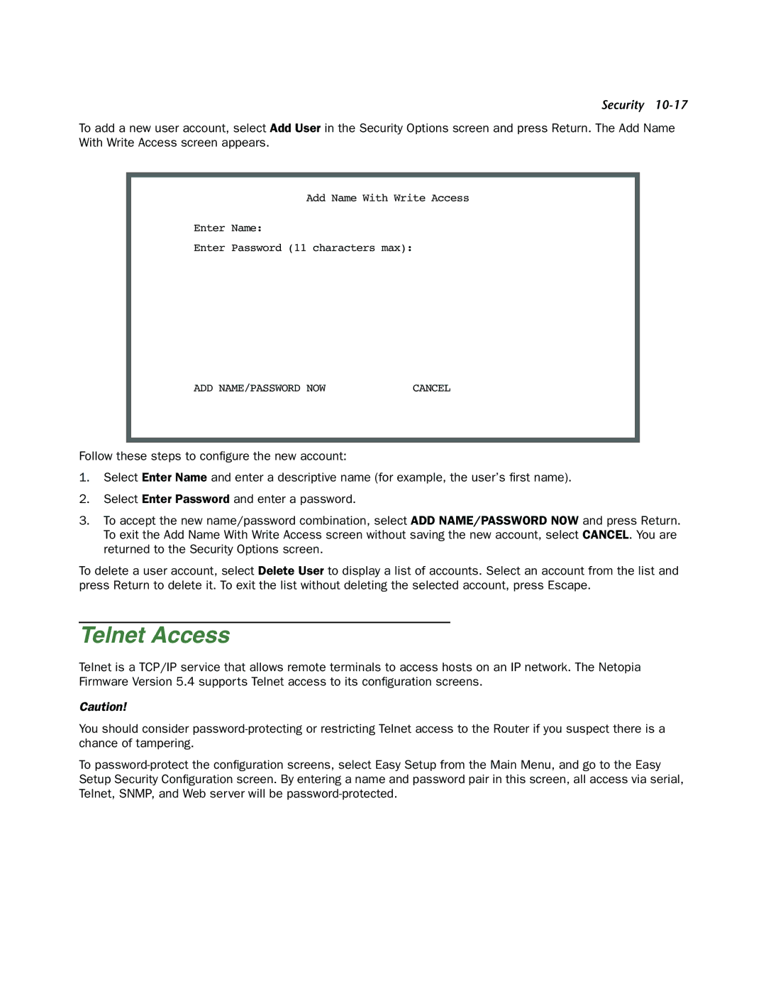 Netopia 4000-Series manual Telnet Access 