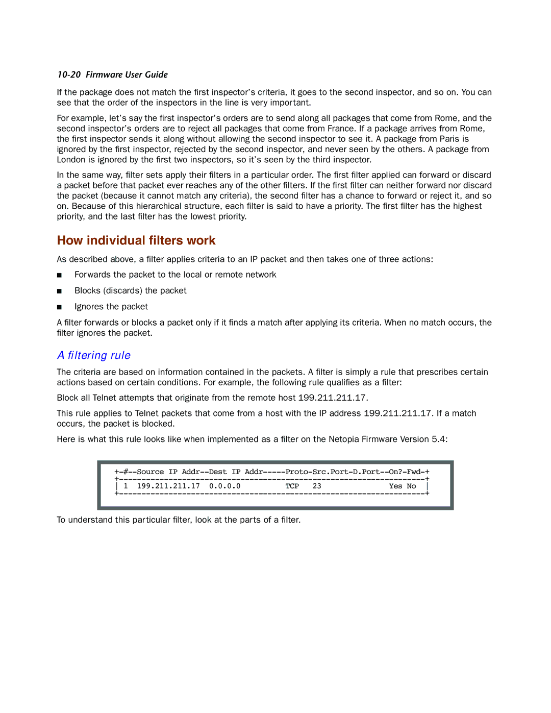 Netopia 4000-Series manual How individual ﬁlters work, ﬁltering rule 