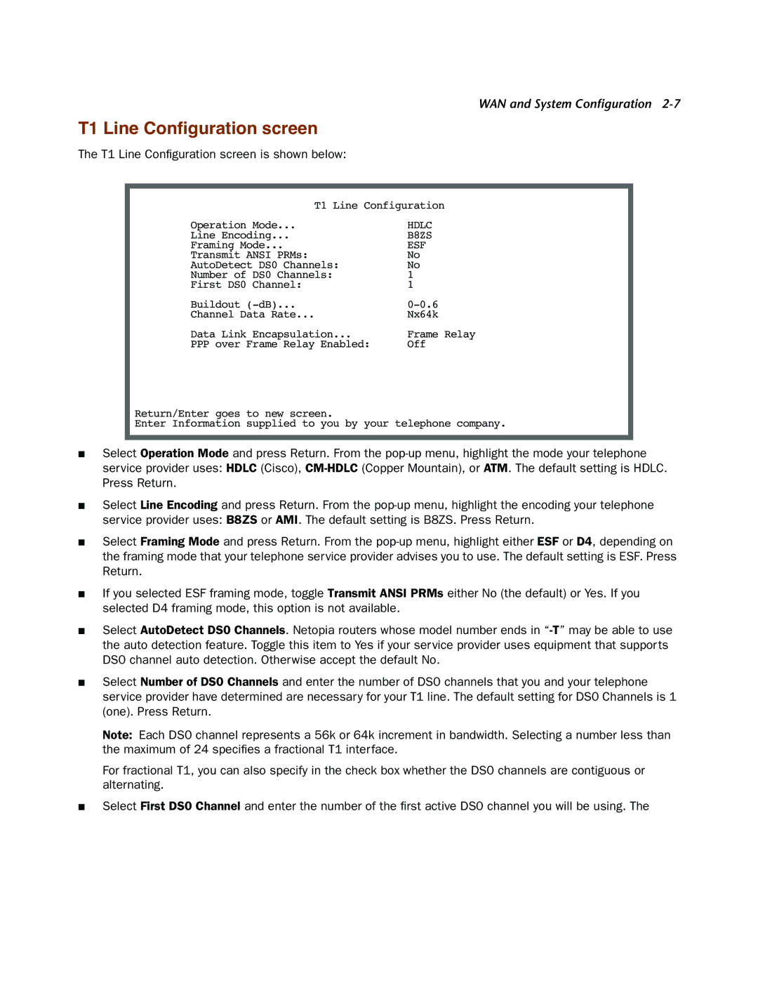 Netopia 4000-Series manual T1 Line Conﬁguration screen is shown below 