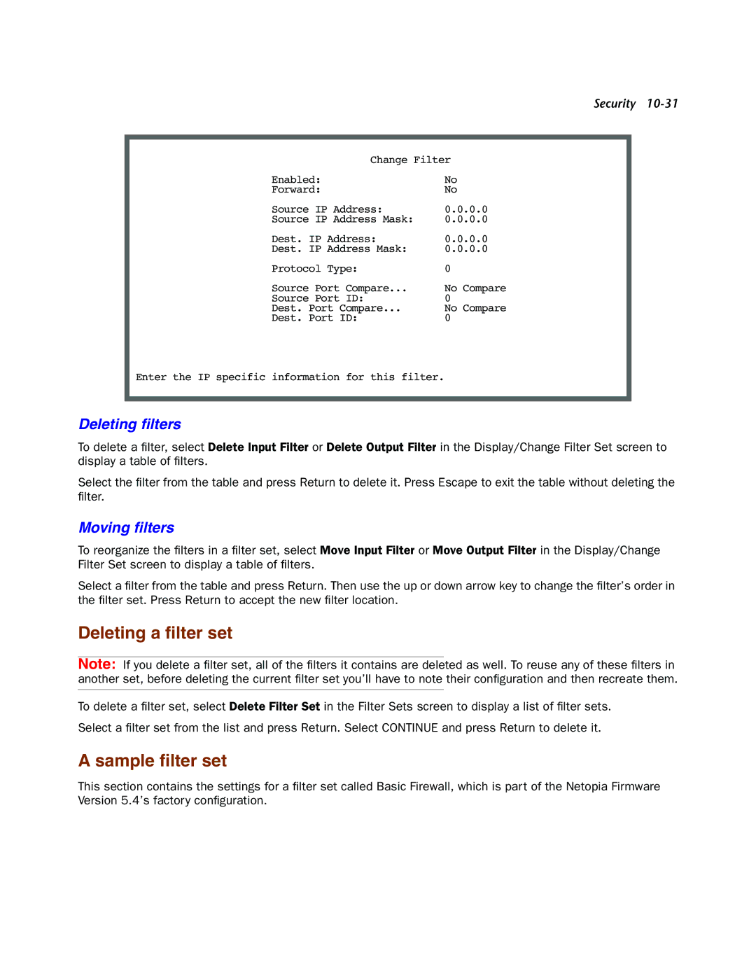 Netopia 4000-Series manual Deleting a ﬁlter set, Sample ﬁlter set, Deleting ﬁlters, Moving ﬁlters 