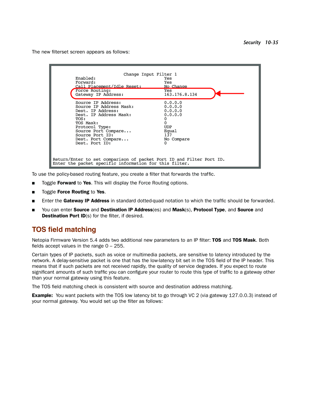 Netopia 4000-Series manual TOS ﬁeld matching, New ﬁlterset screen appears as follows 