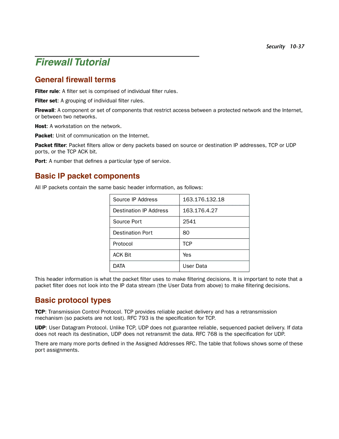 Netopia 4000-Series manual Firewall Tutorial, General ﬁrewall terms, Basic IP packet components, Basic protocol types 