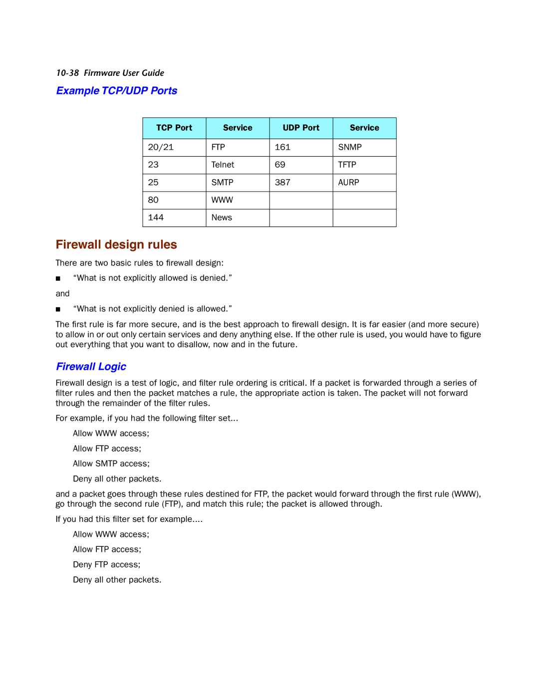 Netopia 4000-Series manual Firewall design rules, Example TCP/UDP Ports, Firewall Logic 