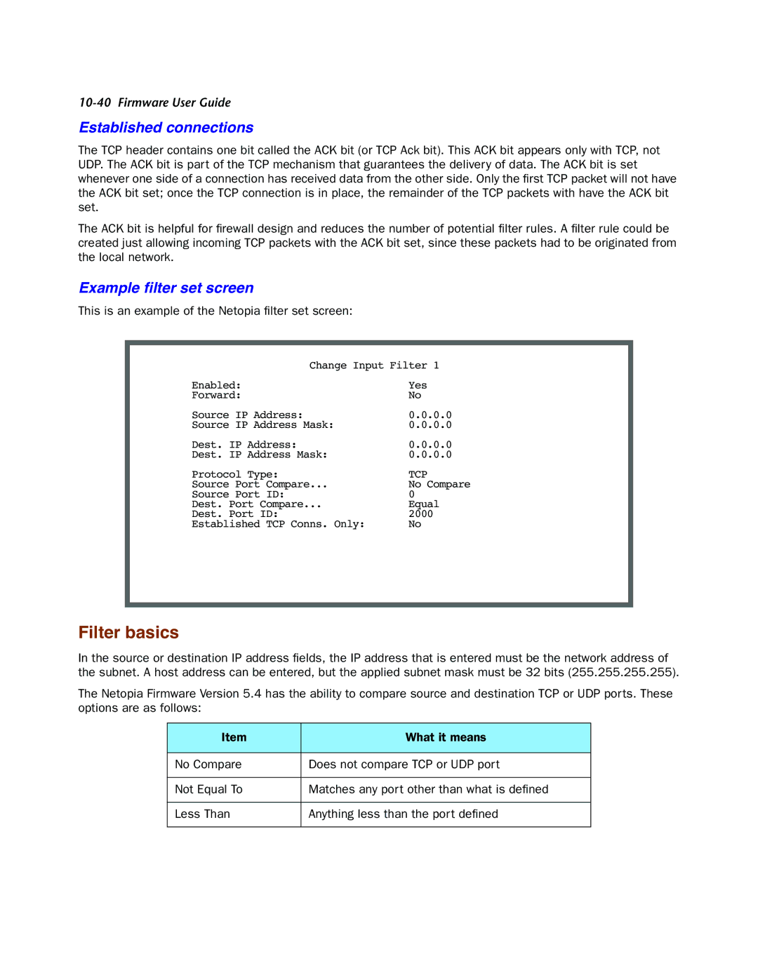 Netopia 4000-Series manual Filter basics, Established connections, Example ﬁlter set screen 