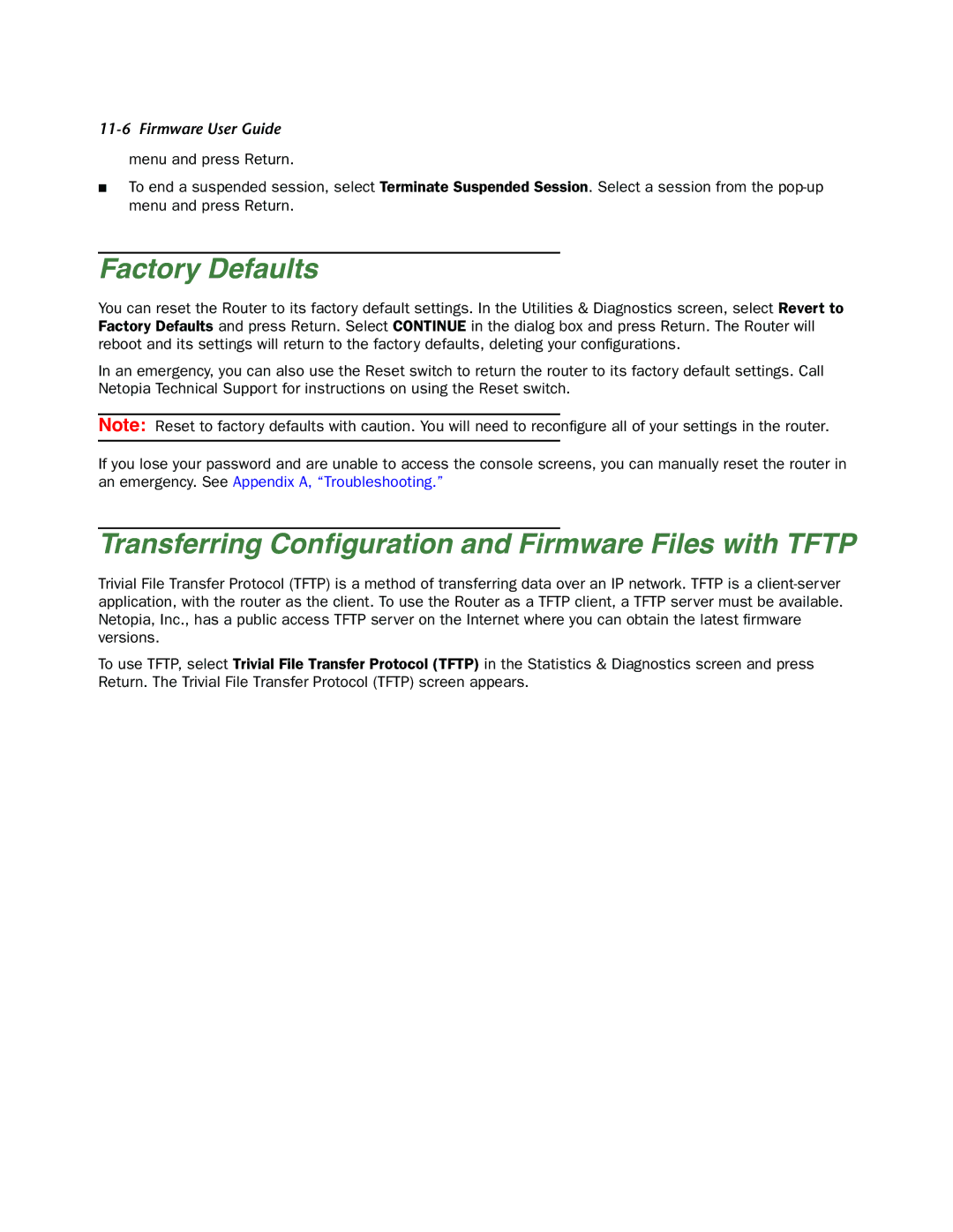 Netopia 4000-Series manual Factory Defaults, Transferring Conﬁguration and Firmware Files with Tftp 