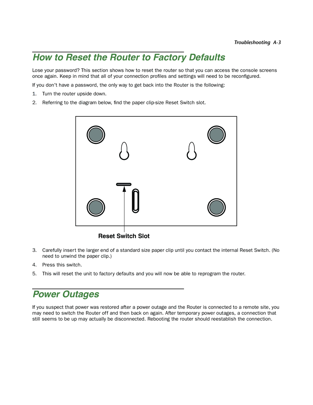 Netopia 4000-Series manual How to Reset the Router to Factory Defaults, Power Outages 